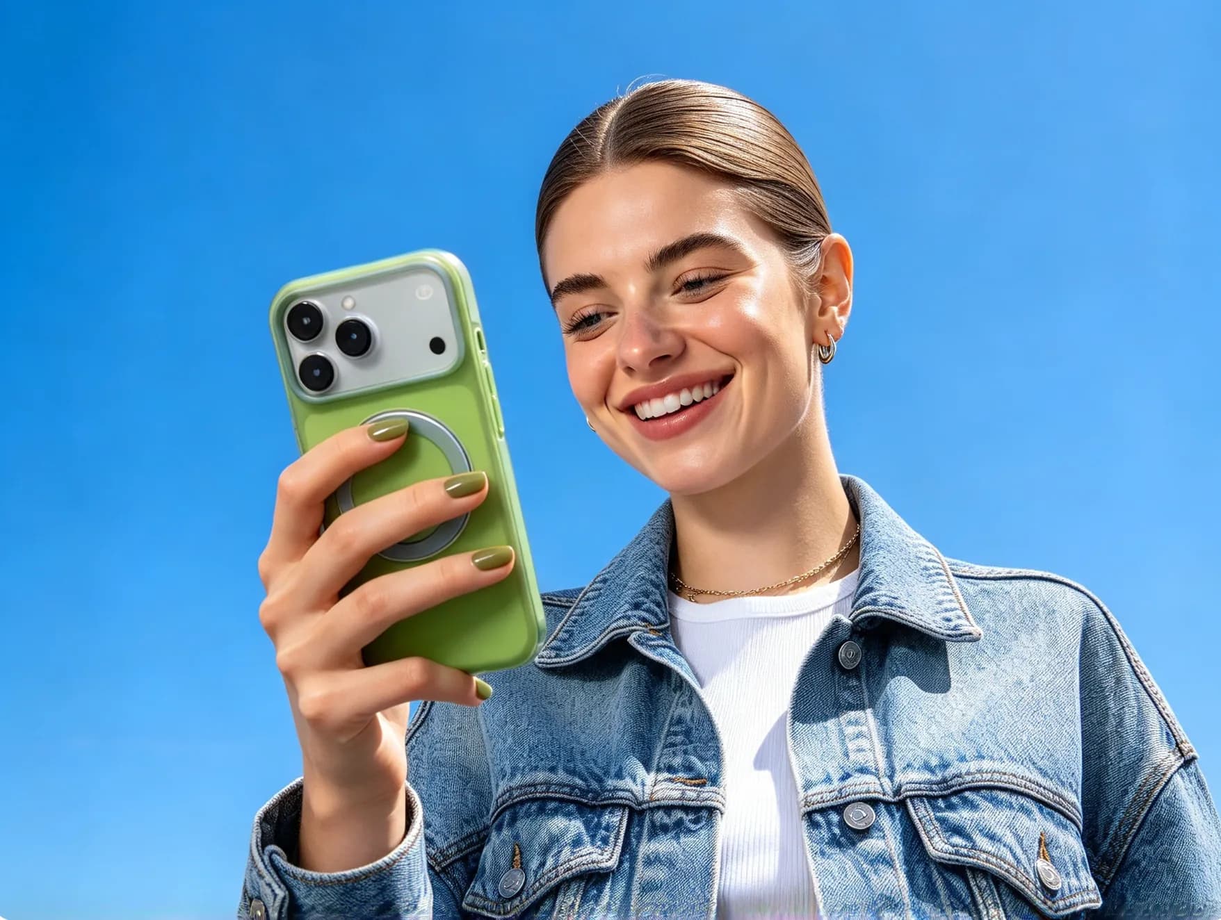 A woman smiling as she looks at her phone